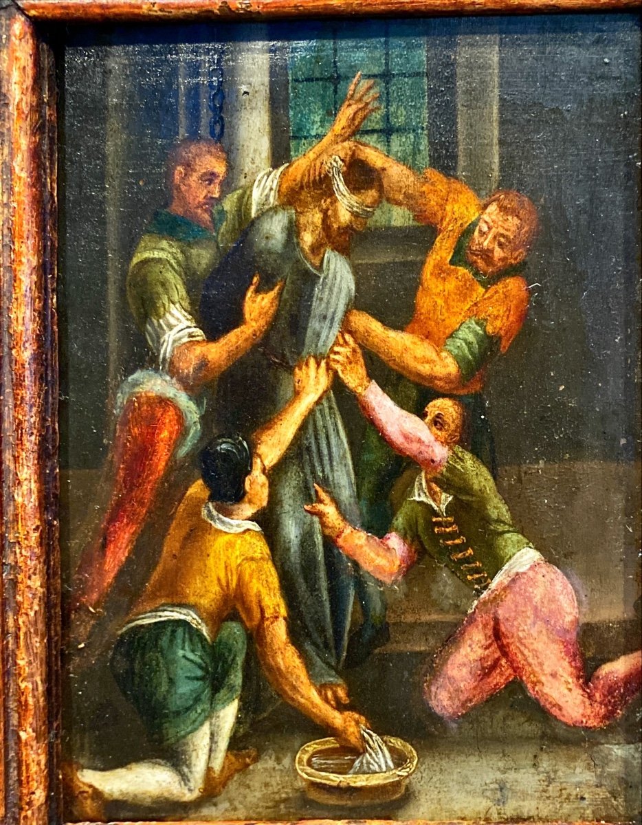 Tableau " Le Christ Aux Outrages ", Peinture Sur Cuivre Du XVI°-photo-2