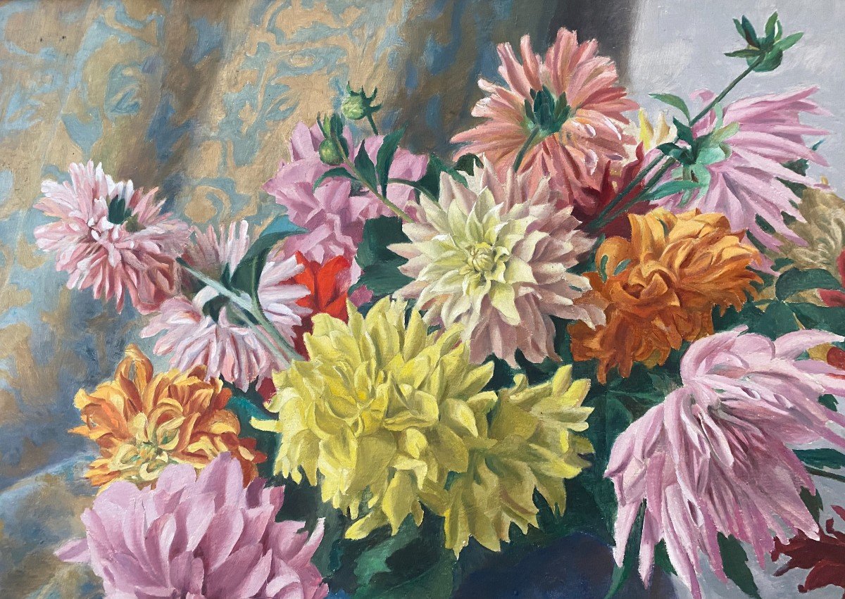 Painting, Bouquet Of Dahlias Signed Guidat-photo-1