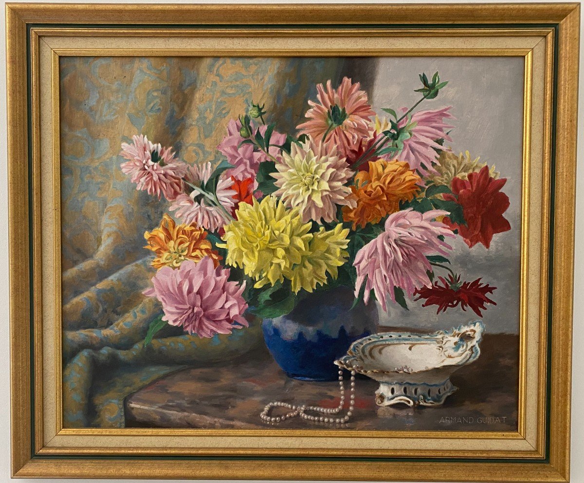 Tableau, Bouquet De Dahlias Signé Guidat