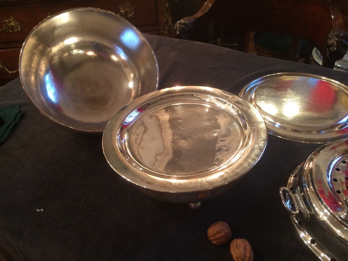 Pair Of Silver Metal Dish Warmers And Cloche-photo-4