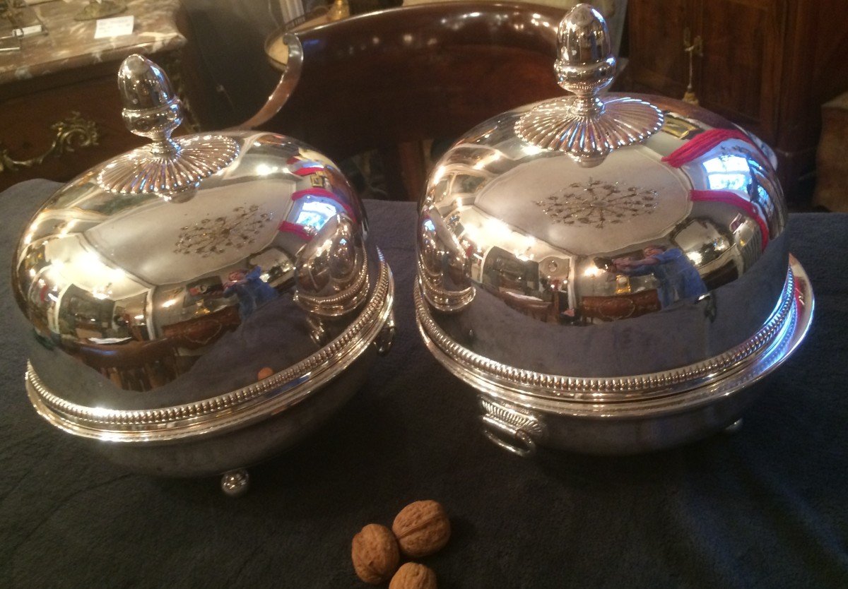 Pair Of Silver Metal Dish Warmers And Cloche