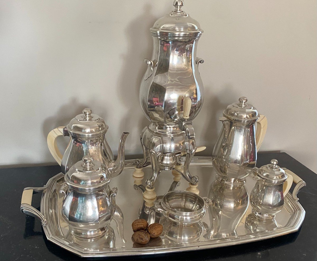 Tea, Coffee And Samovar Service With Its Tray In Solid Silver By Auger Frères