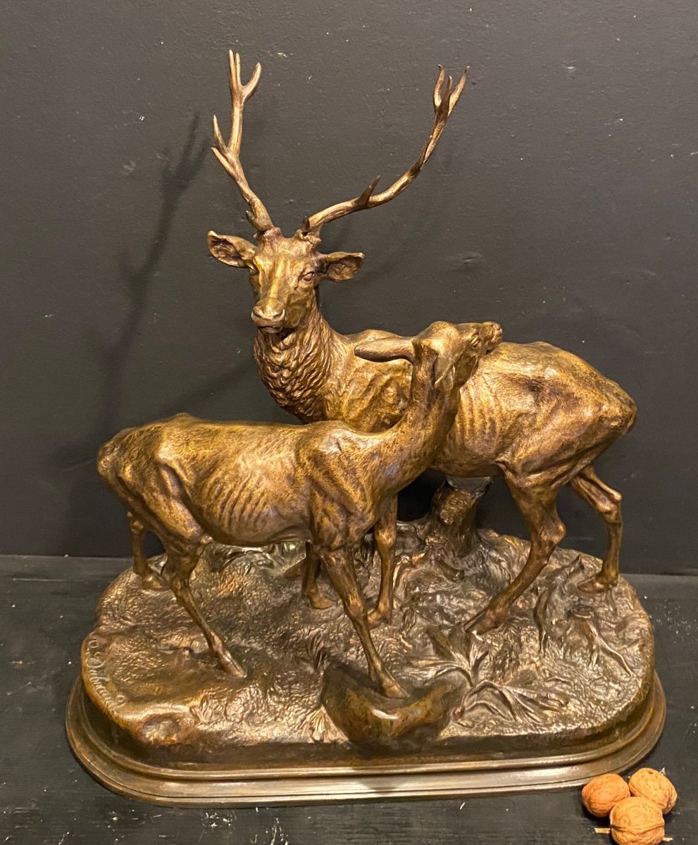 Le Cerf Et La Biche, Bronze D’alfred Dubucand-photo-3