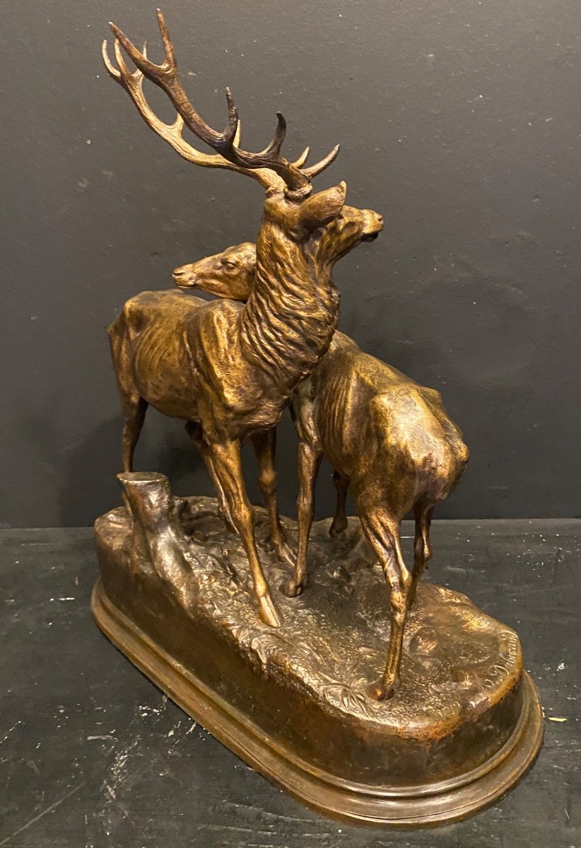 Le Cerf Et La Biche, Bronze D’alfred Dubucand-photo-1