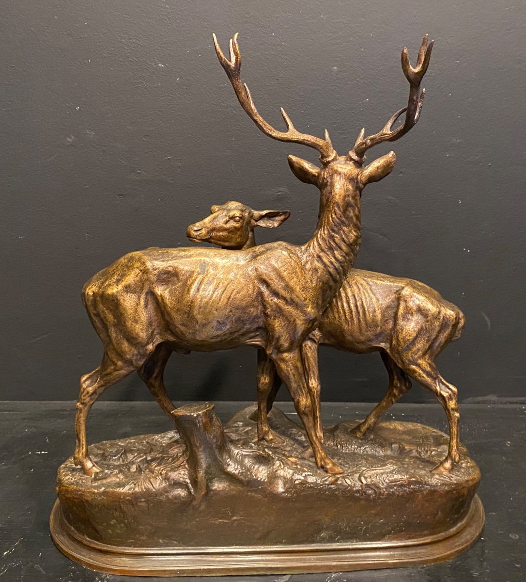 Le Cerf Et La Biche, Bronze D’alfred Dubucand-photo-2