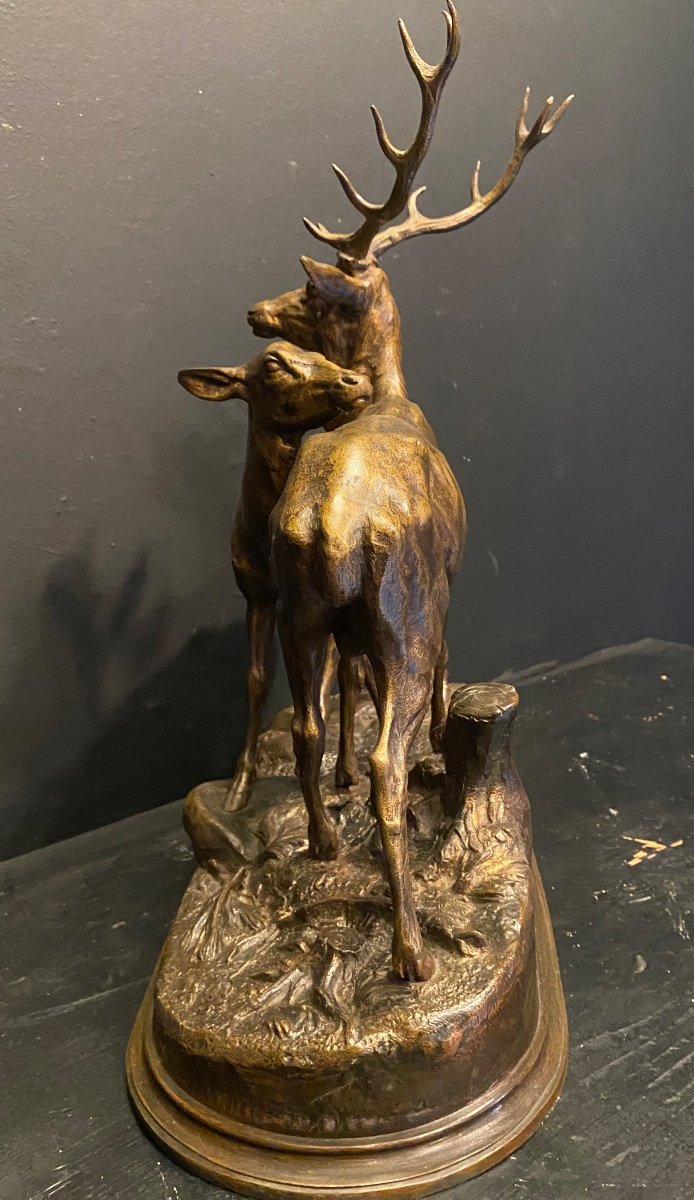 Le Cerf Et La Biche, Bronze D’alfred Dubucand-photo-3