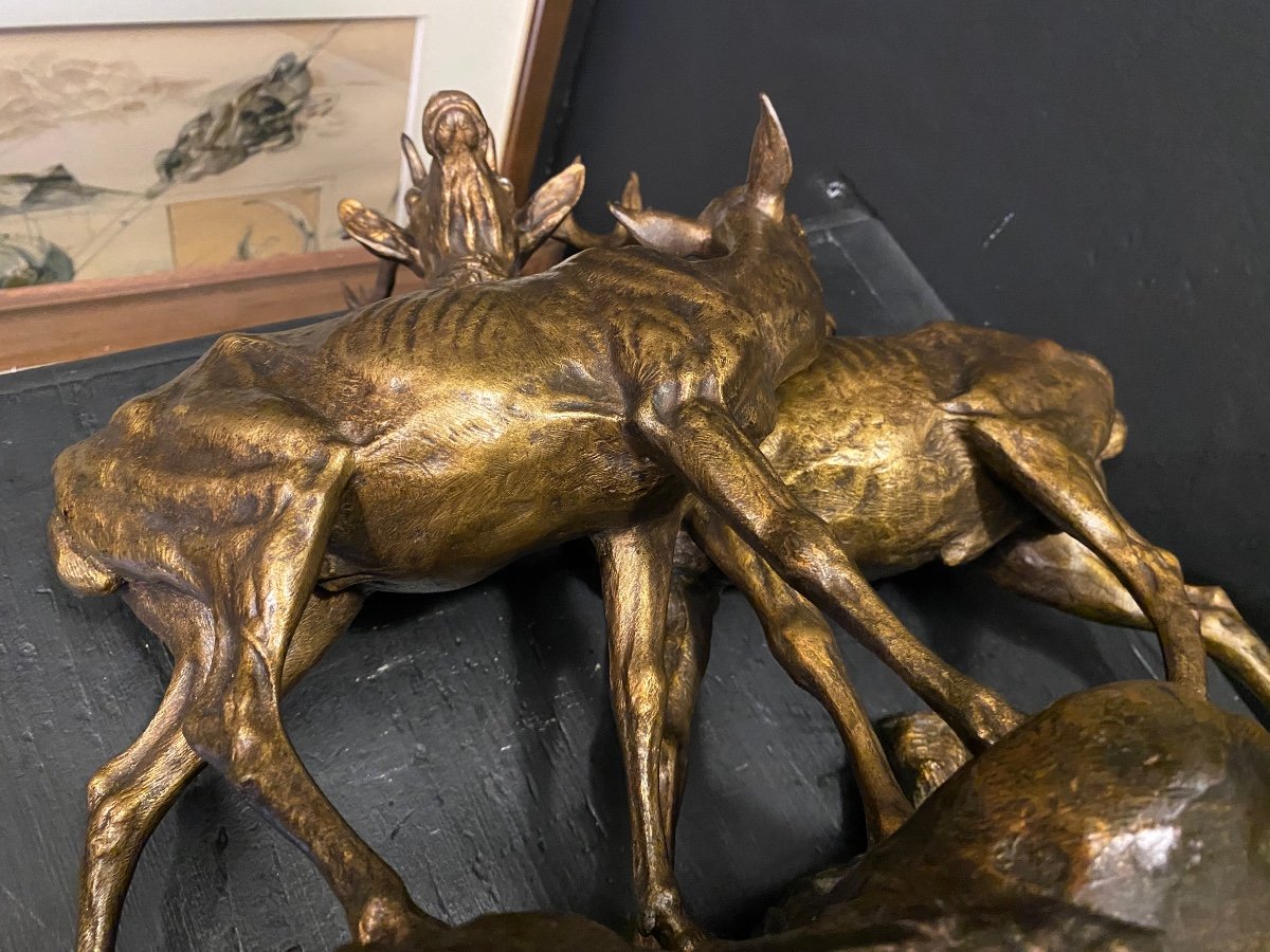 Le Cerf Et La Biche, Bronze D’alfred Dubucand-photo-4