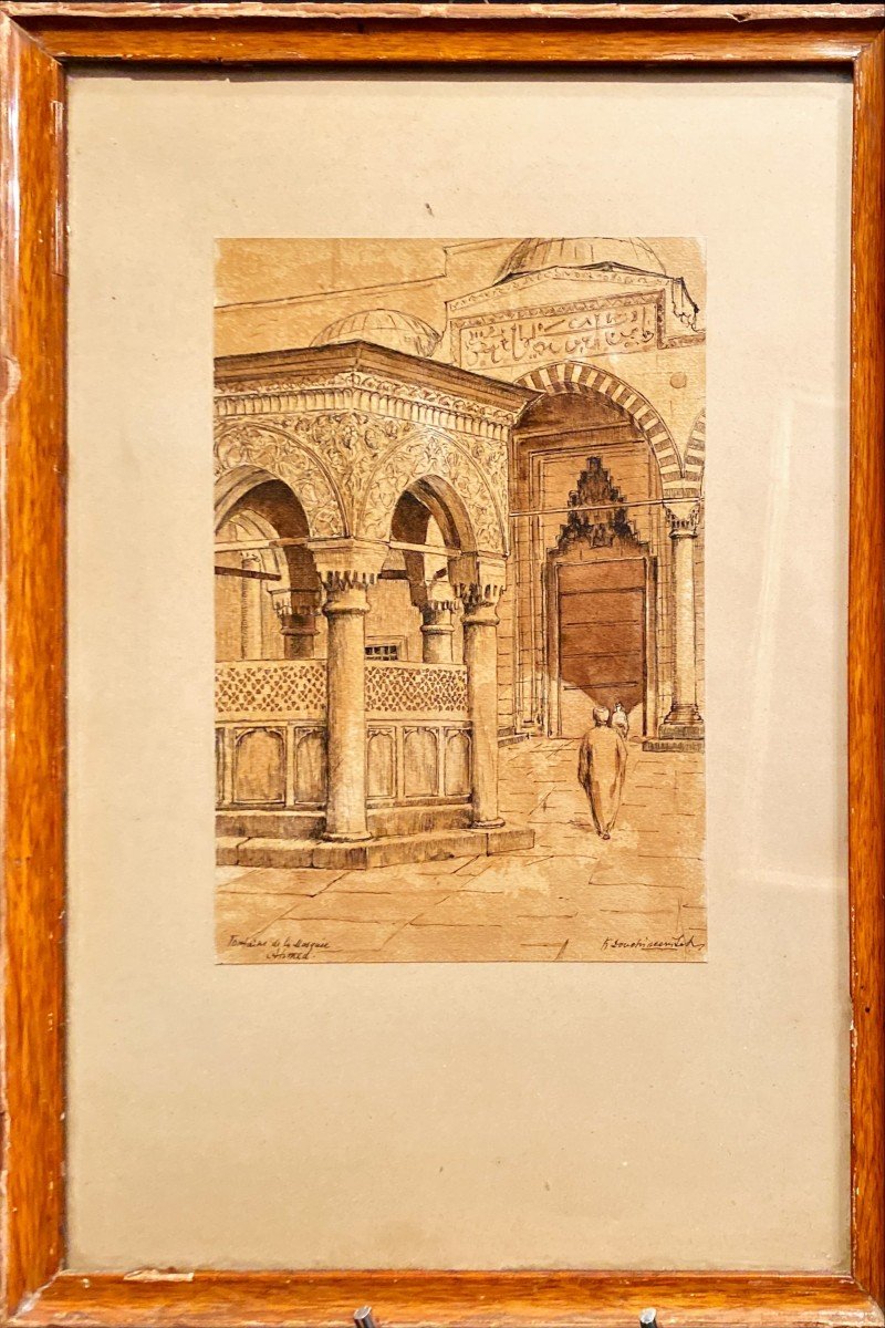 Drawing Signed B Douchimonst, Fountain At The Mosque-photo-3