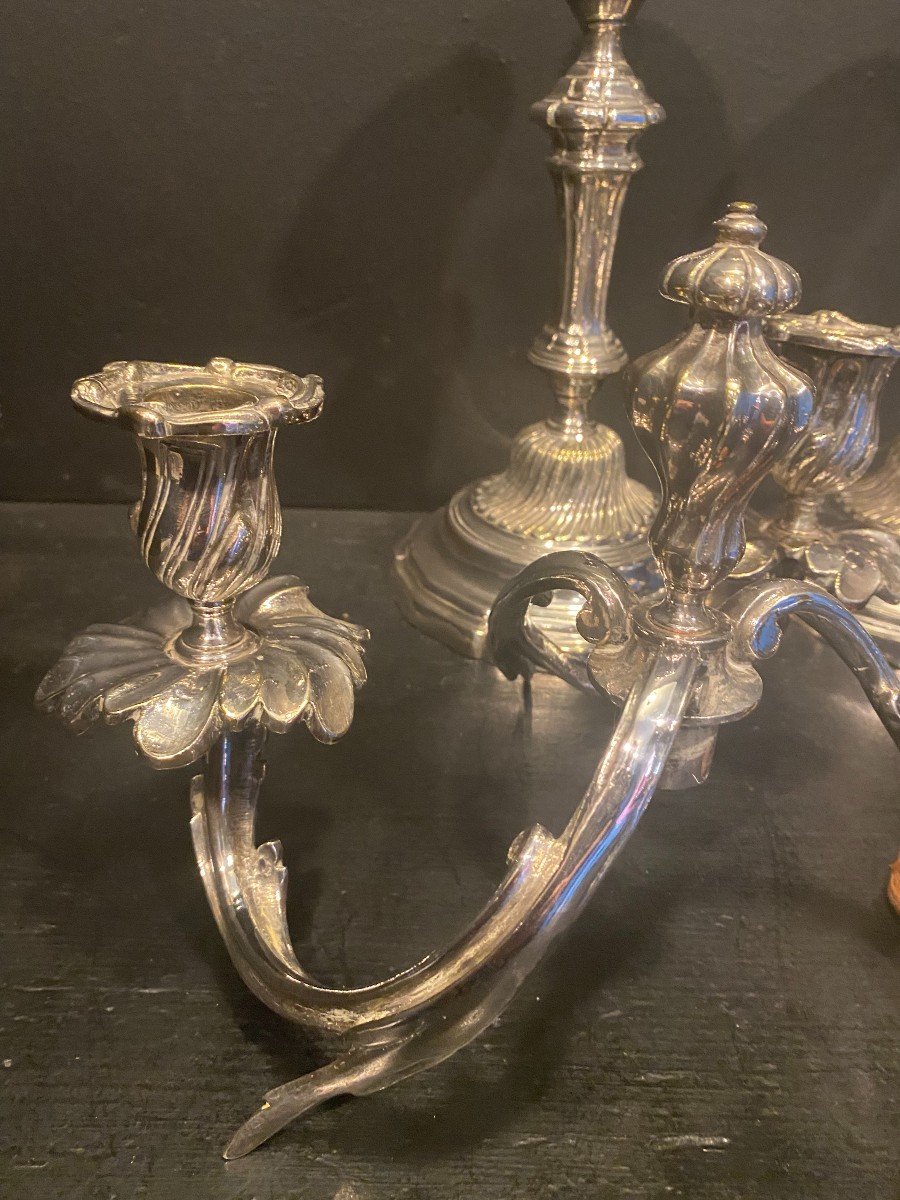 Pair Of Candelabra, Three-branch Candlesticks In Silver-plated Metal-photo-2