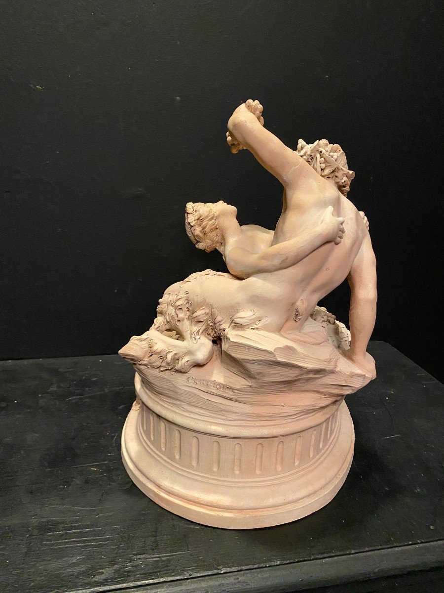 Satyre Et Bacchante, Terre Cuite Signée Clodin-photo-5