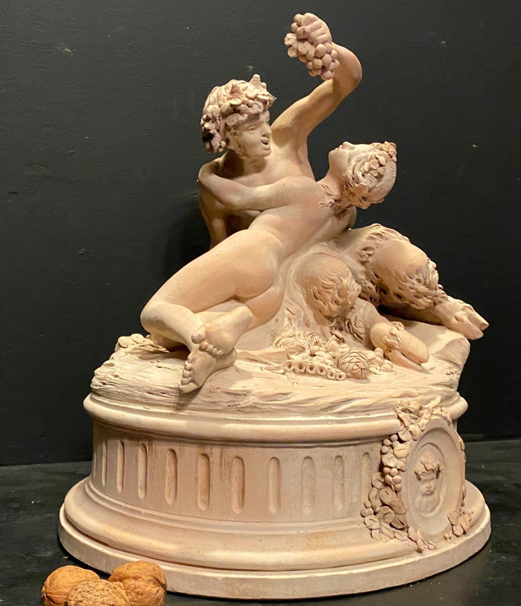 Satyre Et Bacchante, Terre Cuite Signée Clodin