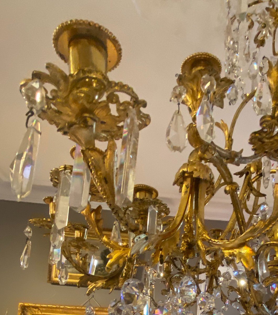 Très Grand Lustre En Bronze Doré Et Pampilles En Cristal De Baccarat-photo-4