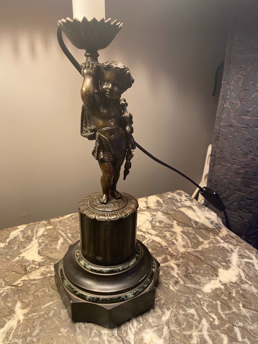 Pair Of Lamps: Bronze Putti On Marble Base-photo-4