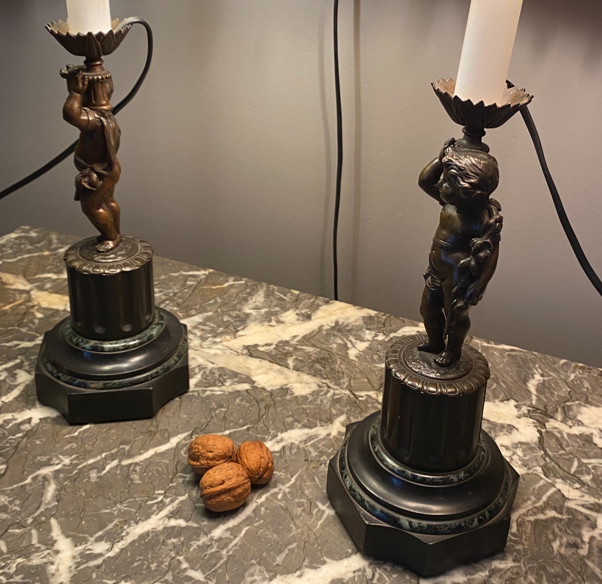 Pair Of Lamps: Bronze Putti On Marble Base-photo-2