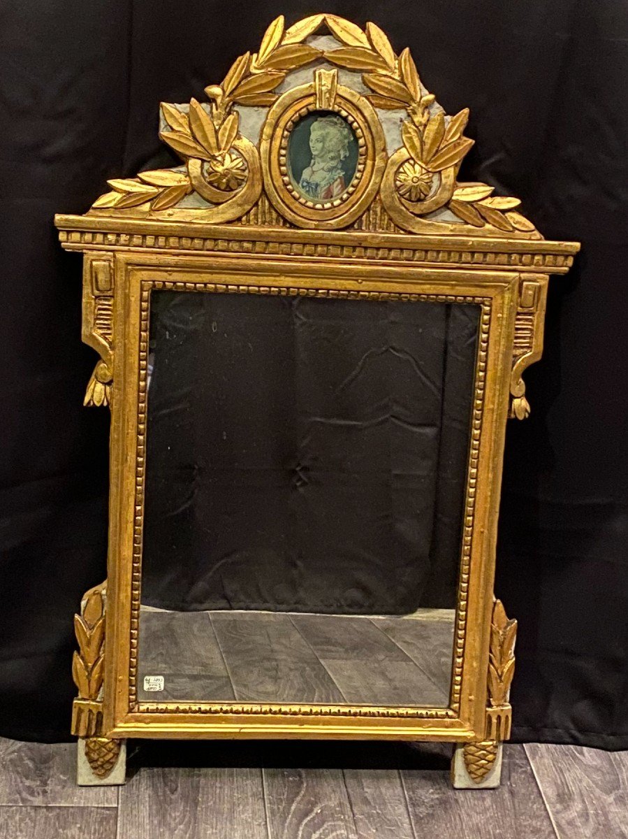 Miroir En Bois Doré XVIII° Avec La Gravure d'Adelaide d'Orleans-photo-2