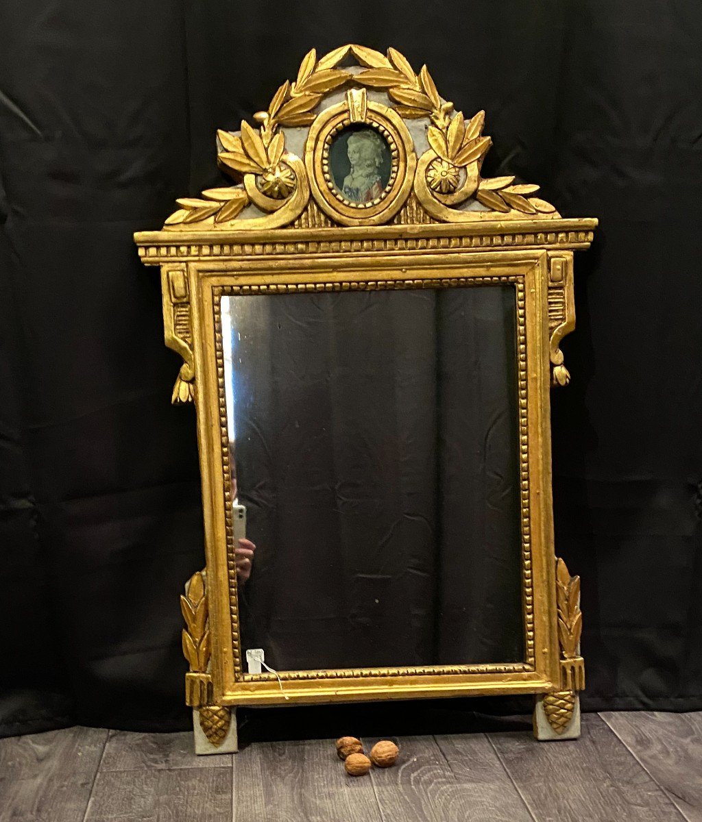 Miroir En Bois Doré XVIII° Avec La Gravure d'Adelaide d'Orleans-photo-3