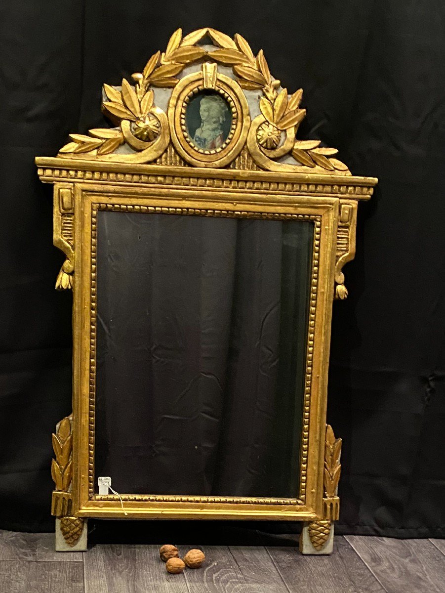 Miroir En Bois Doré XVIII° Avec La Gravure d'Adelaide d'Orleans-photo-4