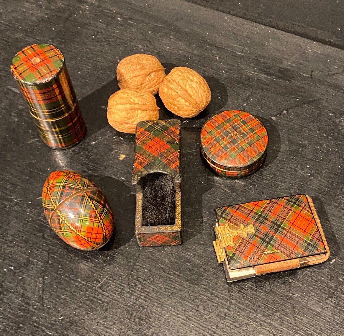 Three Boxes, A Brush And A Notebook With Tartan Decor-photo-2