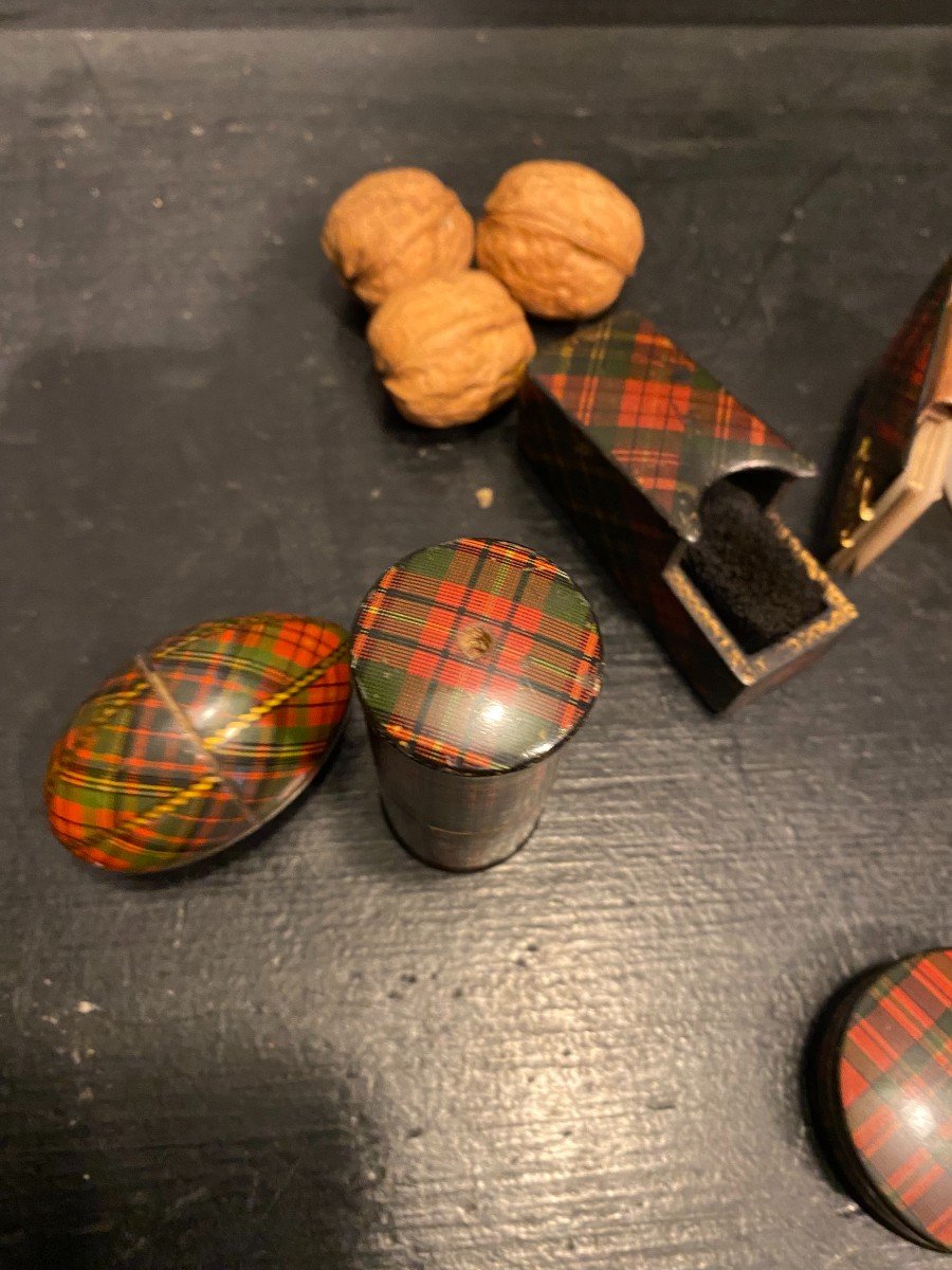 Three Boxes, A Brush And A Notebook With Tartan Decor-photo-1