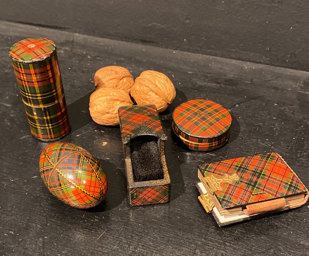 Three Boxes, A Brush And A Notebook With Tartan Decor