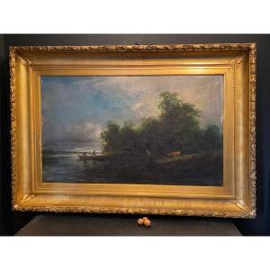 Large Signed Painting, Landscape In A Large Golden Frame