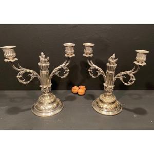 Pair of bronze silver-plated Louis Seize candlesticks - six