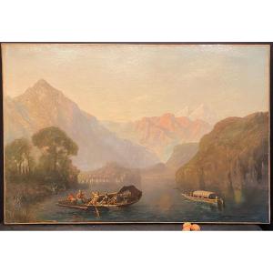 Table, Painting Representing A Mountain Landscape Signed Carrer