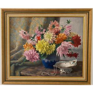 Painting, Bouquet Of Dahlias Signed Guidat