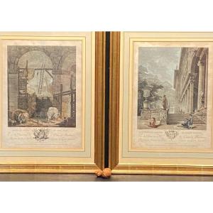 Pair Of Engravings, Architectural Caprices, Hubert Robert