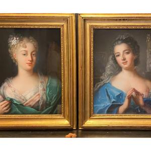 Pair Of Pastels, Portraits Of Women, In The Style Of Rosalba Carriera.