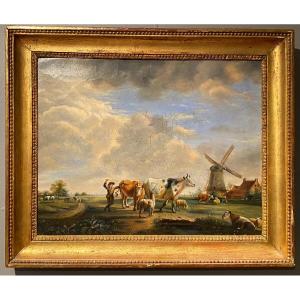 Tableau, Peinture d'Un Paysage Hollandais Du XVIII°