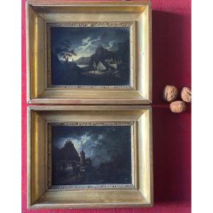 Paire De Petits Tableaux, Paysages Nocturnes