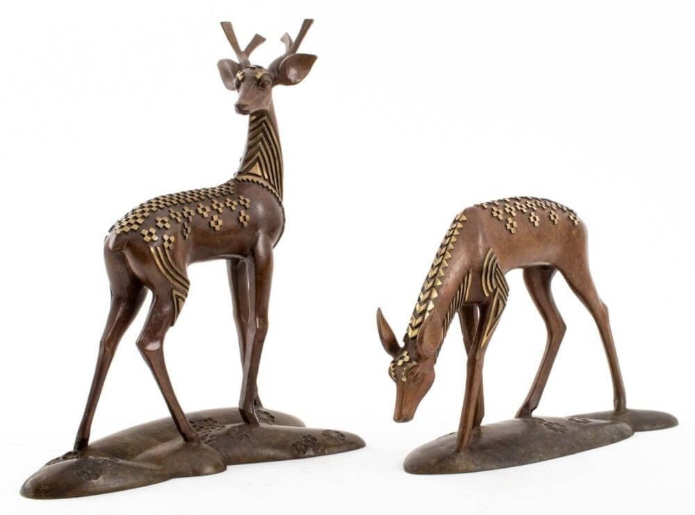 Sculpture Art Deco Le Cerf Et La Biche - Wang Jida-photo-1