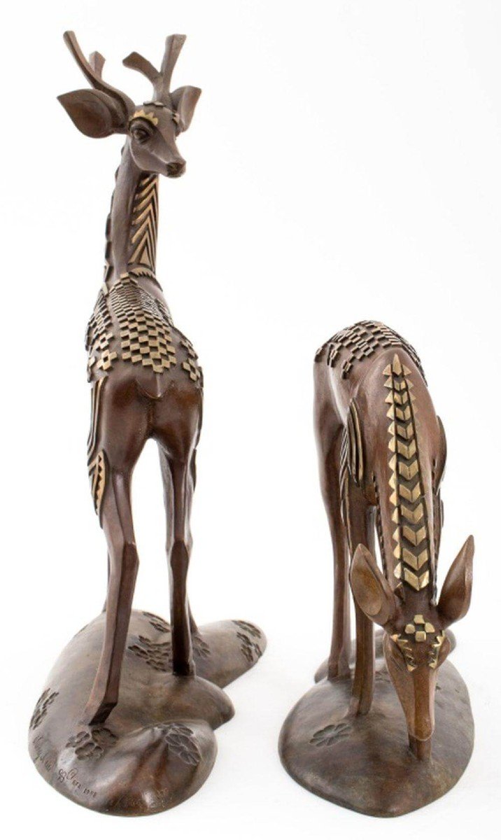 Sculpture Art Deco Le Cerf Et La Biche - Wang Jida-photo-2