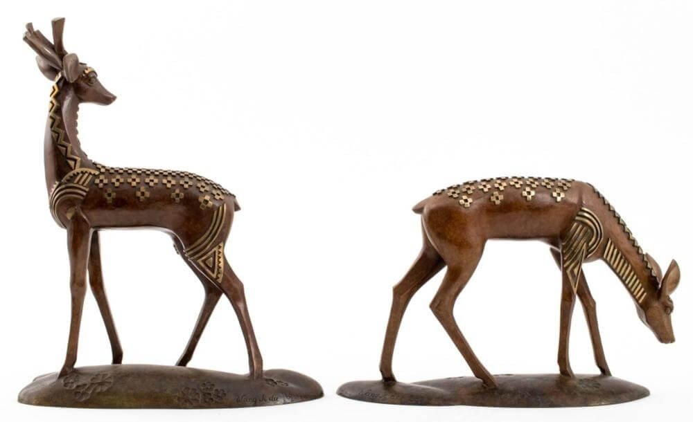 Sculpture Art Deco Le Cerf Et La Biche - Wang Jida-photo-3