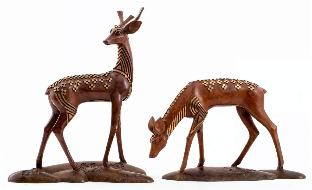 Sculpture Art Deco Le Cerf Et La Biche - Wang Jida