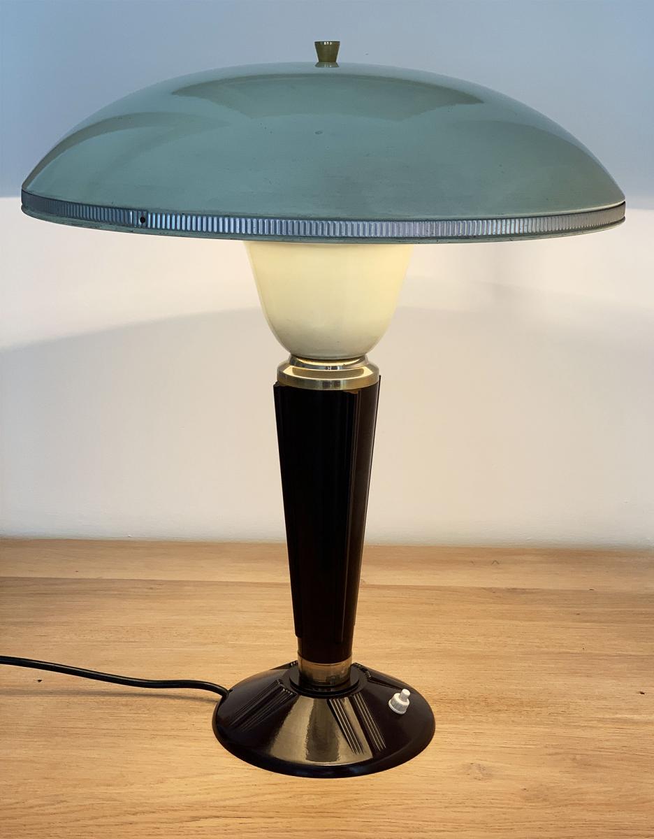 Art Deco - Jumo 320 Bakelite Large Reflector Table Lamp, Ivory, Dark Burgundy And Gold Color-photo-2