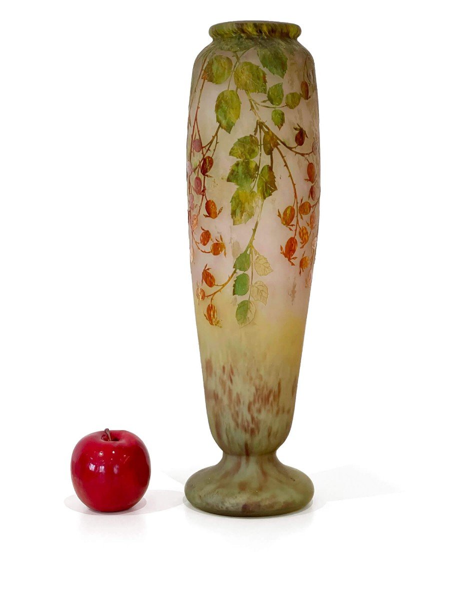 Grand Vase Daum - Feuillage Vert Et Rouge