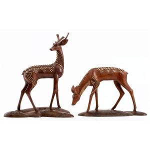 Sculpture Art Deco Le Cerf Et La Biche - Wang Jida