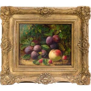 Still Life With Plums, Raspberries And Peaches On A Bed Of Moss - Painting By Oliver Clare (1853-1918)