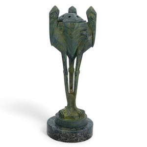 Art Deco Incense Burner With Three Stylized Cranes – Charles Artus For Max Le Verrier, Circa 1930