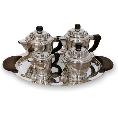 Art Deco Service - Silver And Rosewood - Tray, Teapot, Coffee Pot, Sugar Bowl, Milk Pot