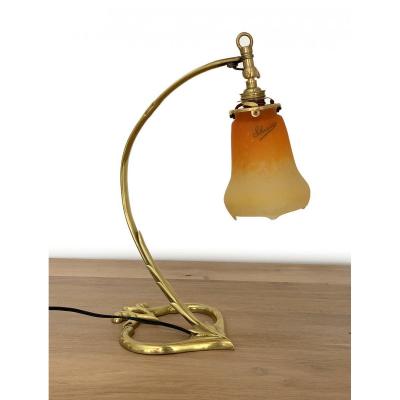 Art Nouveau Desk Lamp - Glass Signed Schneider - Bronze Foot (circa 1920)