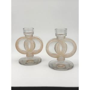 A Pair Of Malmaison Candlesticks By Lalique