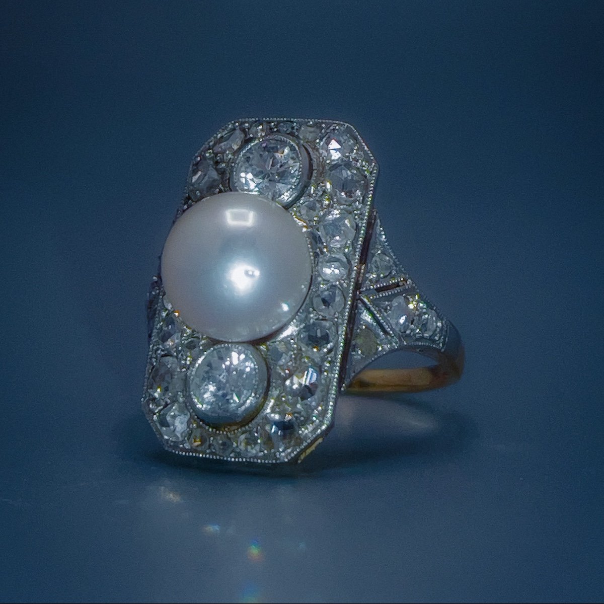 Art Deco Ring, In Platinum Gold, Pearl And Set With Diamonds