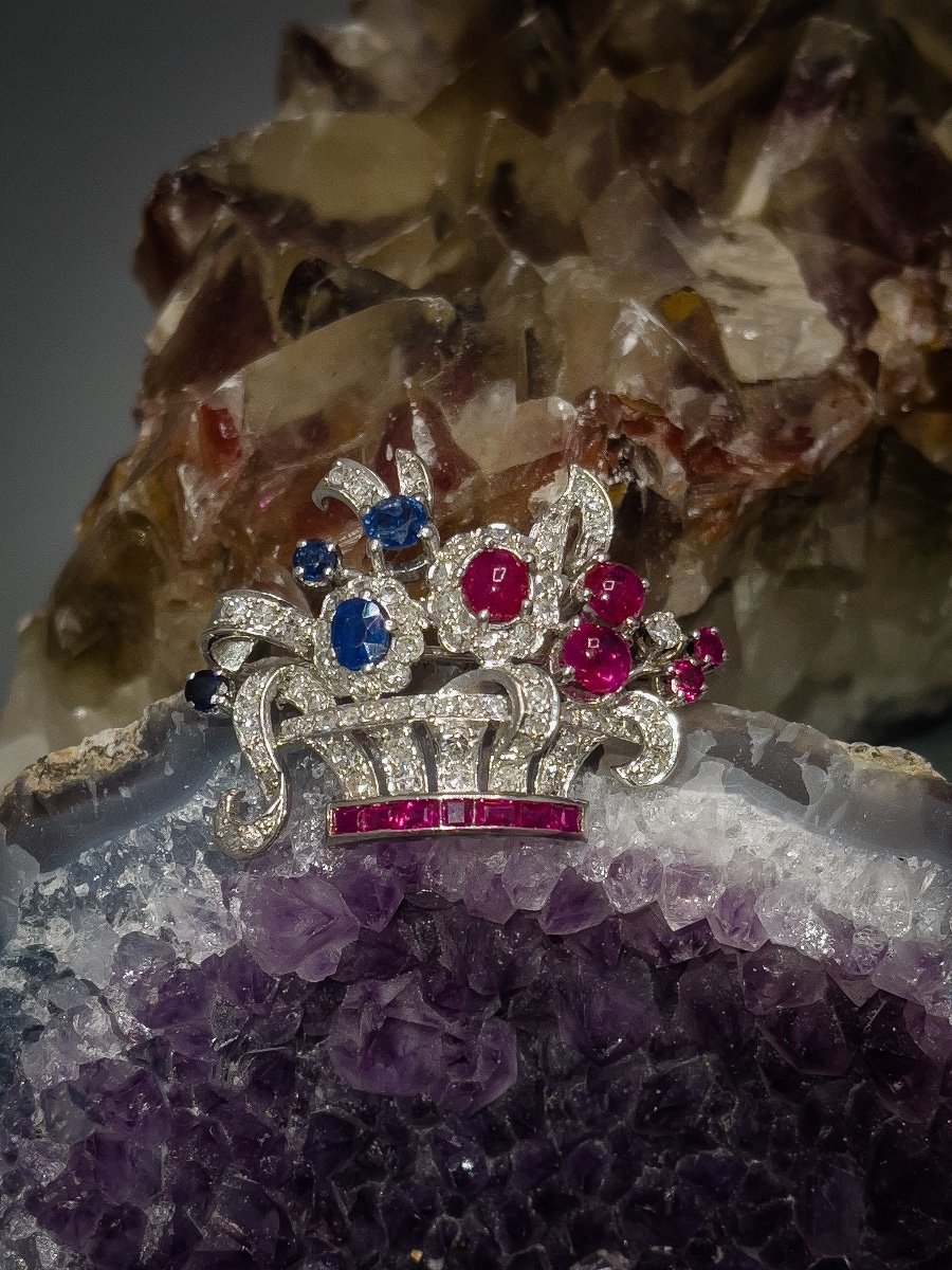 “floral Basket” Brooch Entirely Set With Ruby Diamonds And Sapphires-photo-2