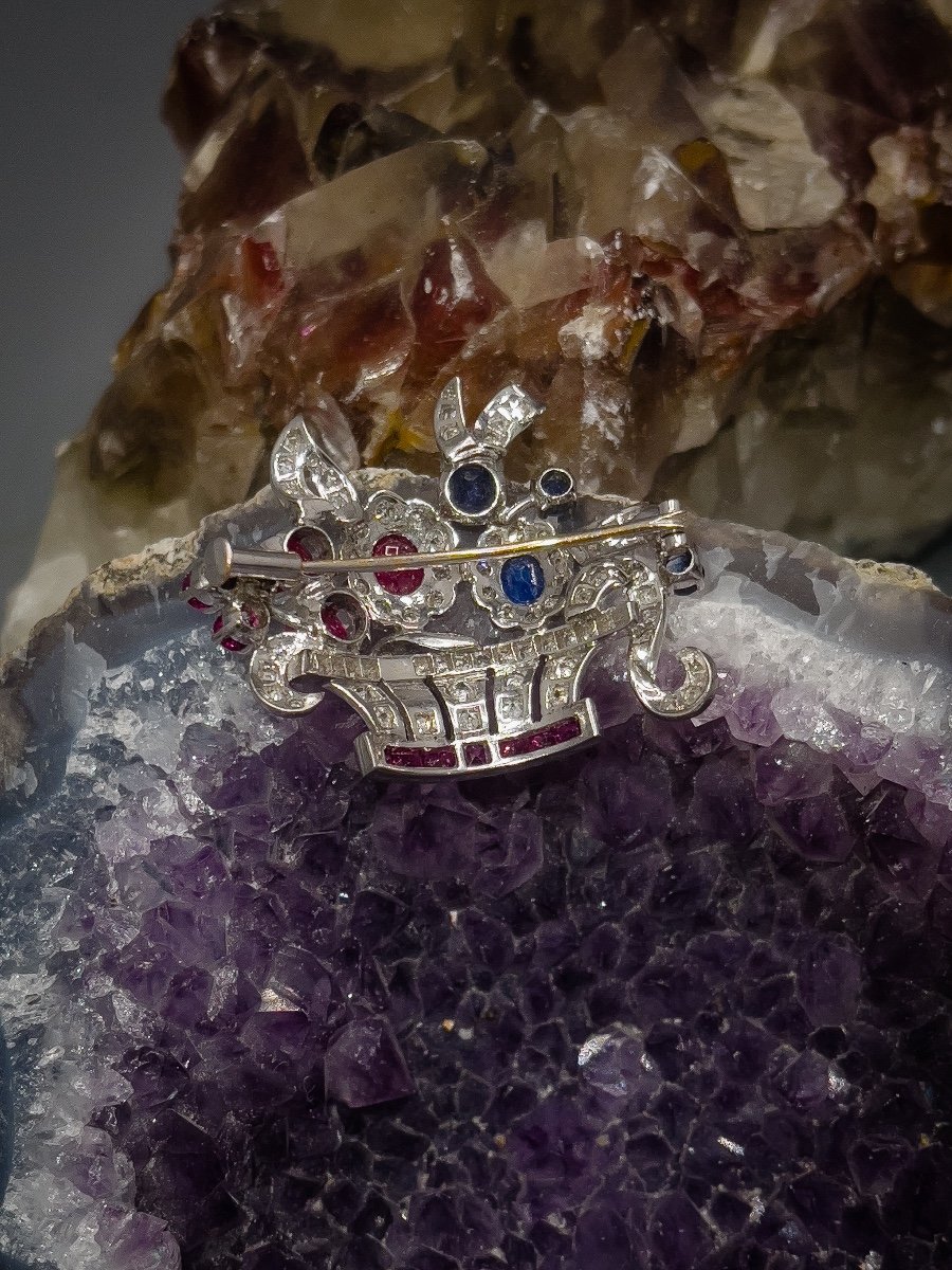 “floral Basket” Brooch Entirely Set With Ruby Diamonds And Sapphires-photo-3