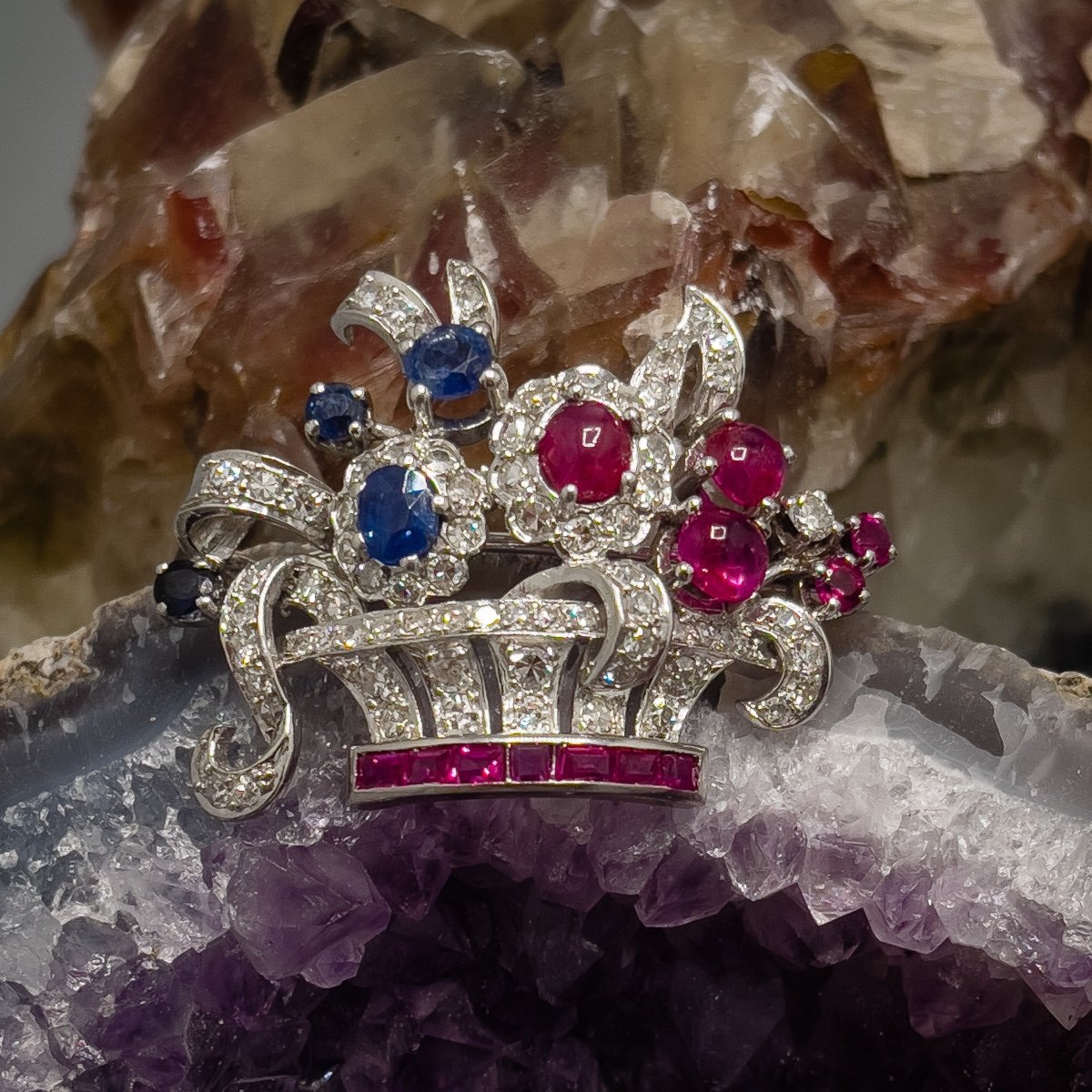 “floral Basket” Brooch Entirely Set With Ruby Diamonds And Sapphires