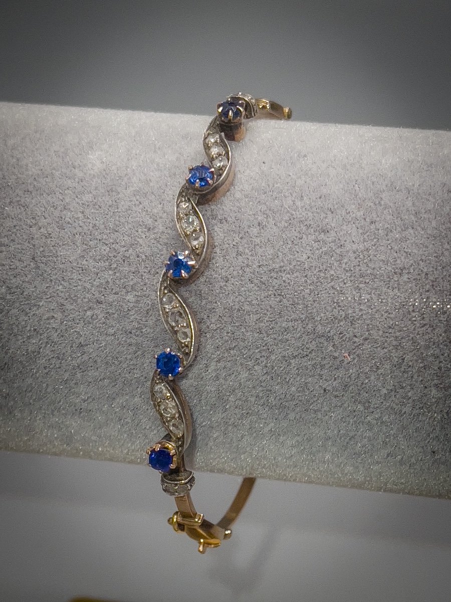 Belle Epoque Bracelet In 18 K Gold And Silver Set With Rose-cut Diamonds And Sapphires-photo-2