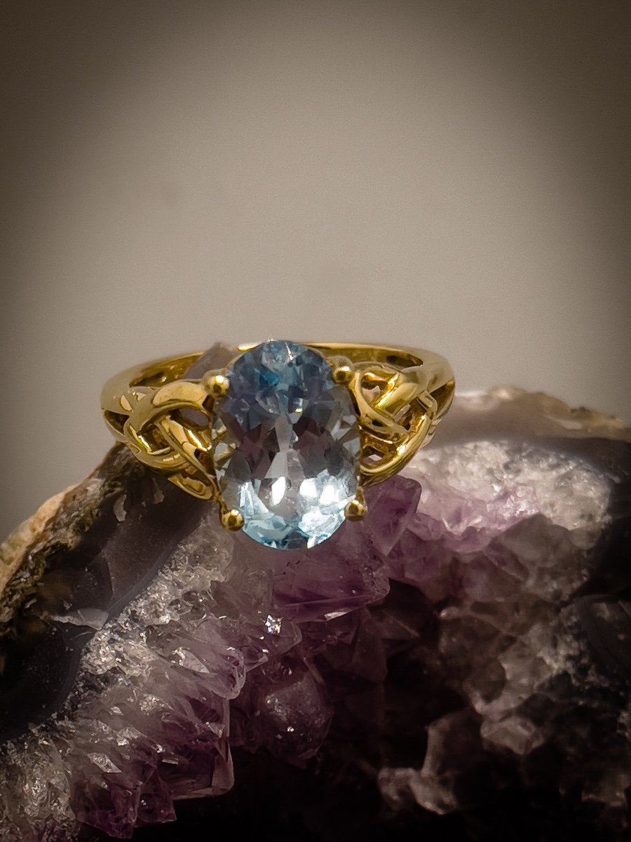 Bague Vintage En Or Jaune 18k, Sertie D’une Aigue-marine-photo-2